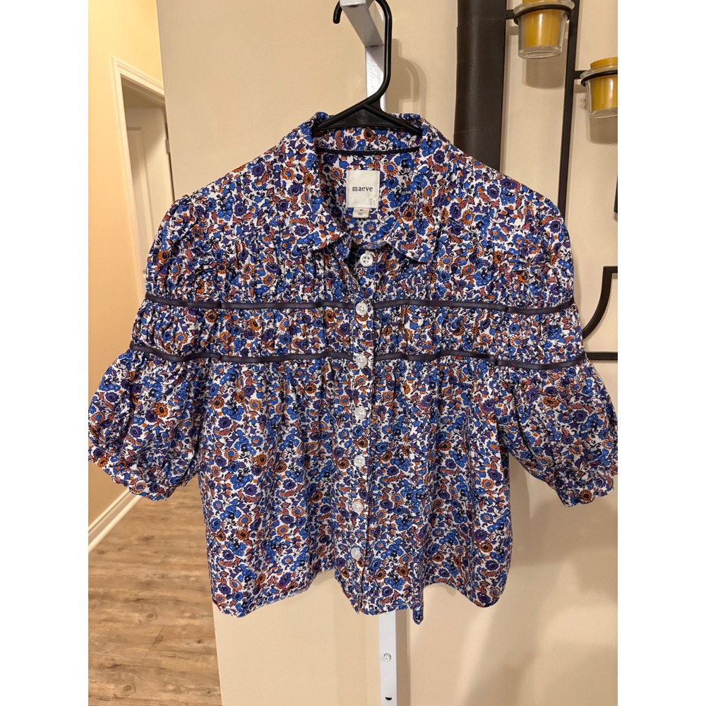 Maeve Anthropologie Floral Puff Sleeve Button Down Blouse Blue Orange Size M